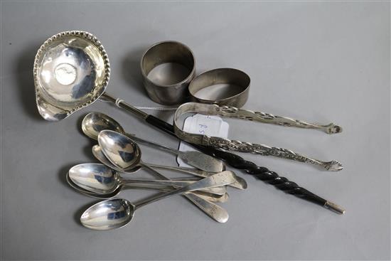 A set of six George III silver teaspoons, a George III silver punch ladle, two silver serviette rings and two other pieces (11)